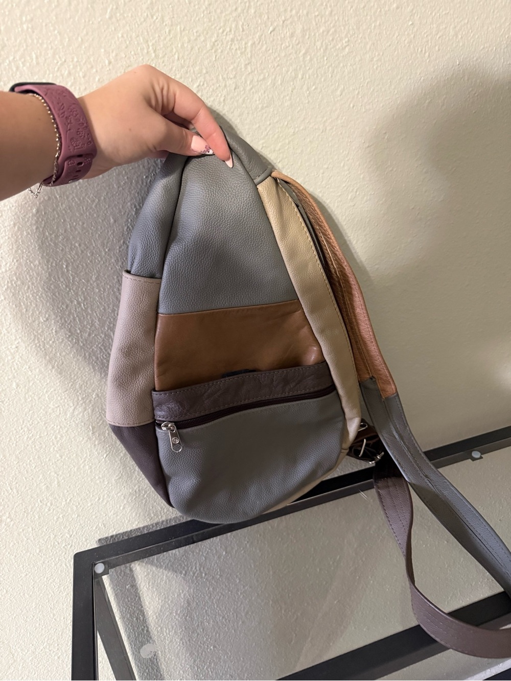 Vintage Genuine Leather Patchwork Sling Backpack Brown Gray Tan